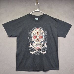 Liquid Blue Shirt Mens L Gray Sugar Skull Dia de Muertos Graphics Print Edgy Tee